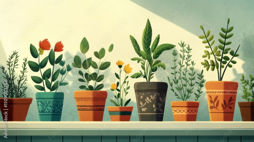 Fototapeta premium Potted Plants on a Windowsill, Sunlight and Green