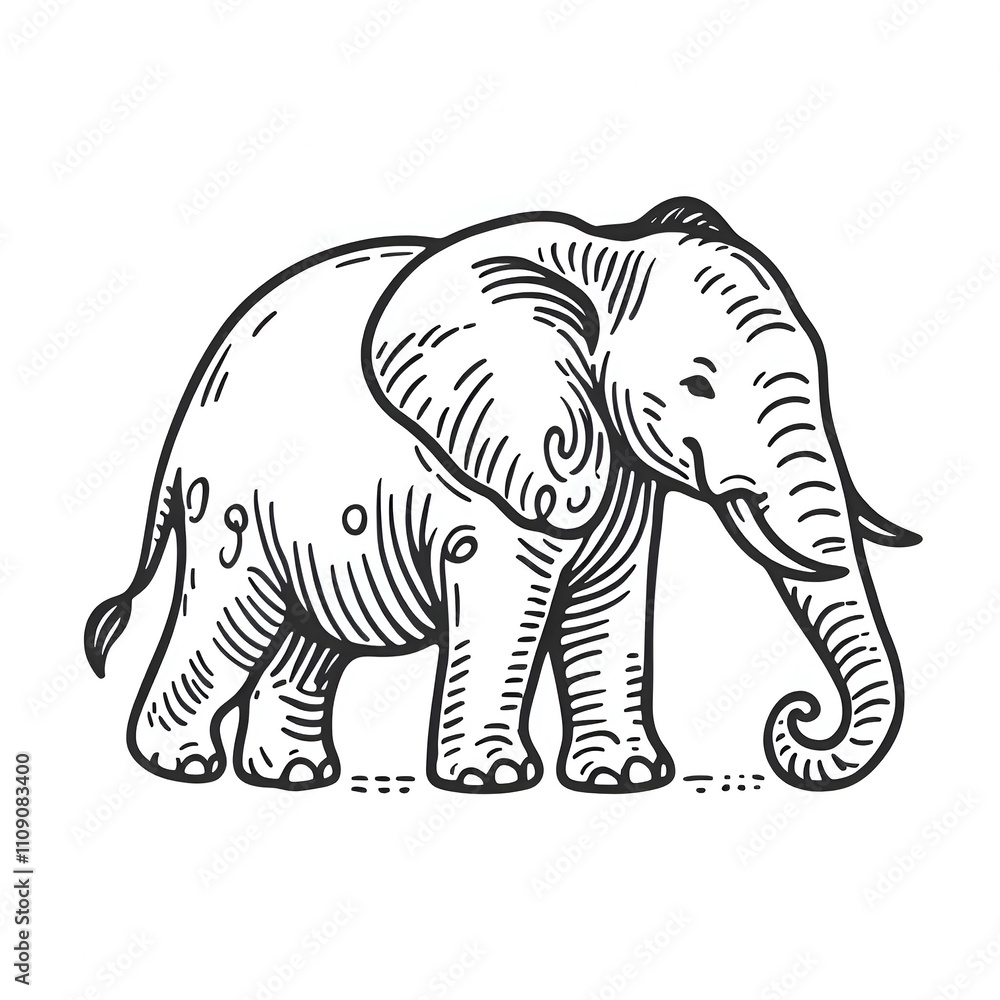 Fototapeta premium Hand drawn elephant outline illustration on white background