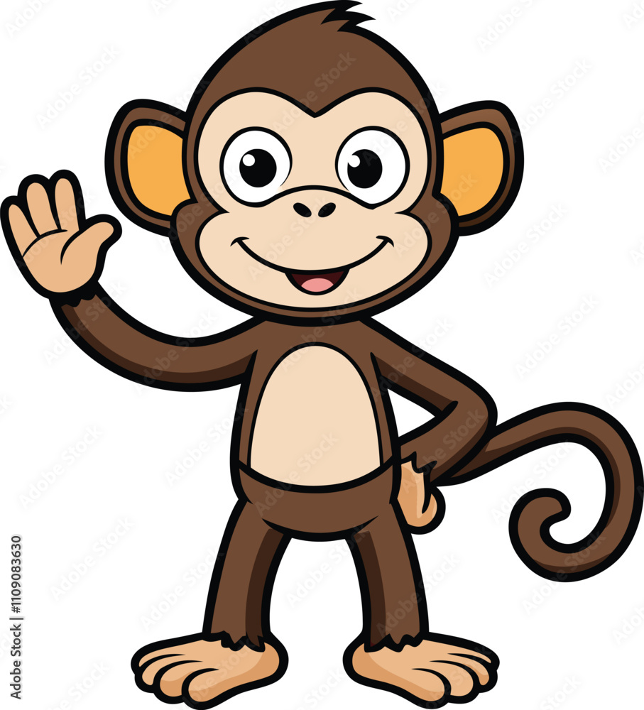 Fototapeta premium Happy Monkey Cartoon Character Waving Hello 