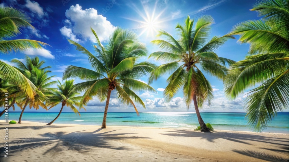 Obraz premium Tranquil beach scene with palm trees , beach, tropical, serene, peaceful, sunlight, vacation, paradise, relaxation, sea, ocean
