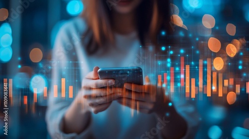 Woman using smartphone, digital data overlay.