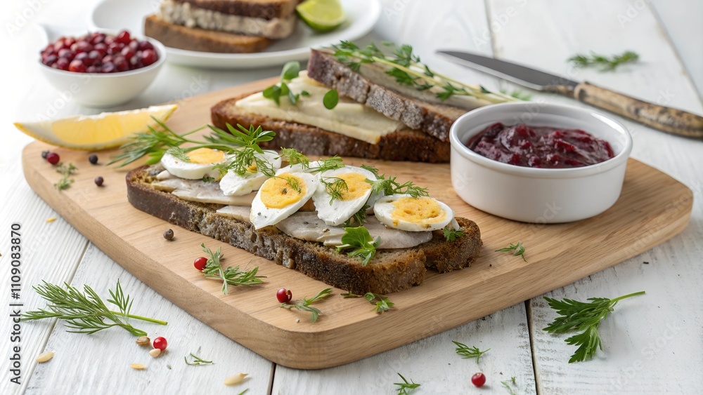 Smørrebrød platter with festive garnishes and fresh herbs. Smørrebrød platter with festive garnishes and fresh herbs.