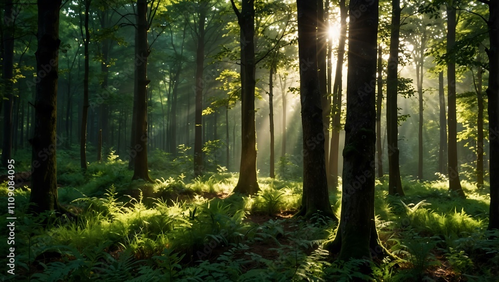 Fototapeta premium View of a green forest illuminated by sunlight.