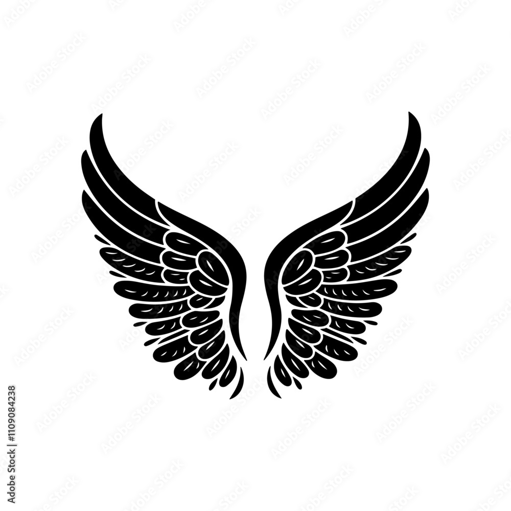Obraz premium A pair of black wings silhouette, Wings of Cupid, Angel, eagle, hawk or falcon bird wings feather wing pair set illustration, wing vector tattoo design, wing silhouette illustration
