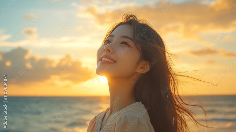 Happy young woman enjoys beautiful sunset at beach. Happy young woman enjoys beautiful sunset at beach.