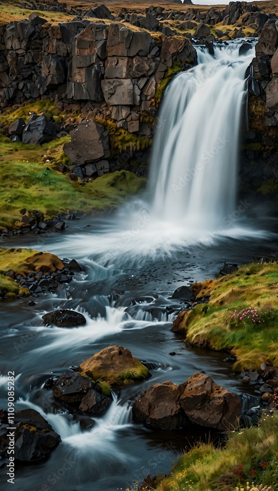 Obraz premium View of Oxararfoss waterfall in Iceland.
