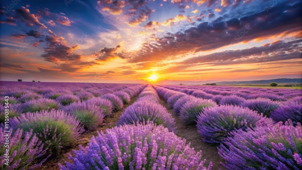 Beautiful summer sunset over lavender field, lavender, field, sunset, beauty, nature, purple, sky, clouds, tranquil Beautiful summer sunset over lavender field, lavender, field, sunset, beauty, nature, purple, sky, clouds, tranquil