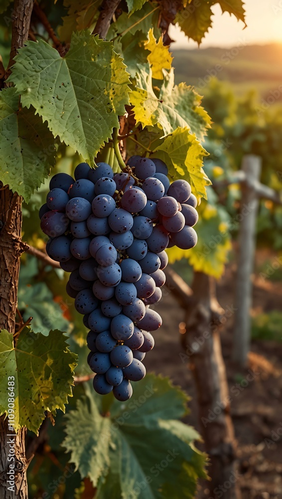 Fototapeta premium Vineyard at sunset with ripe grapes and a peaceful ambiance.