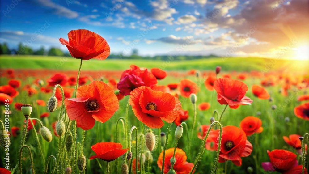 Fototapeta premium Vibrant red poppies stand out in a lush green field , Flowers, Nature, Spring, Meadow, Blooming, Bright, Colorful, Petals