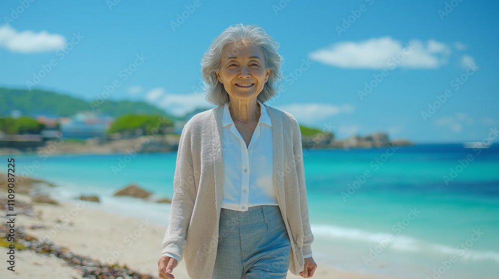 Fototapeta premium 海岸を散歩するシニア女性