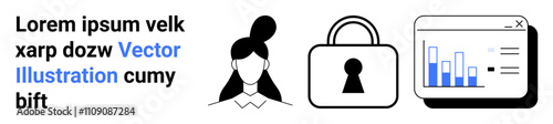 Business analytics chart on a pop-up window, secure padlock, user profile avatar, and placeholder text. Ideal for web development, analytics, security, user interface, personal data business