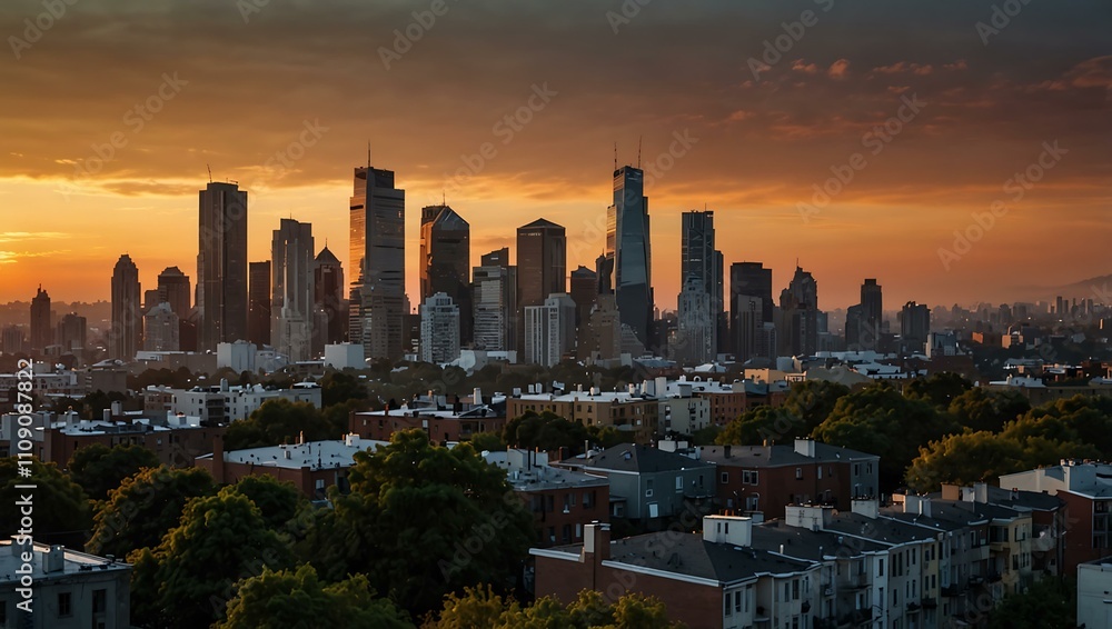 Fototapeta premium Urban sunset with city skyline.