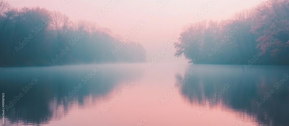 Fototapeta premium Misty Morning Lake Serenity: A Tranquil Reflection of Nature's Beauty