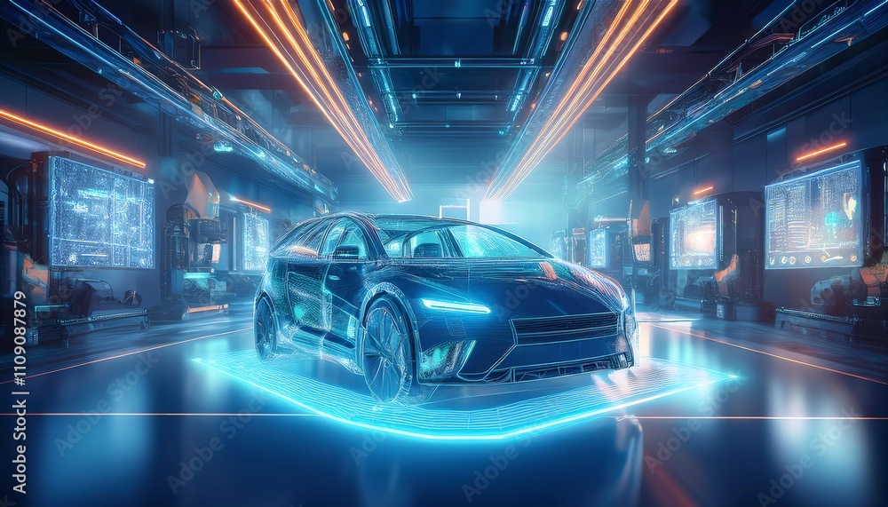 Fototapeta premium A futuristic car showcased in a high-tech environment, illuminated by neon lights and digital displays.