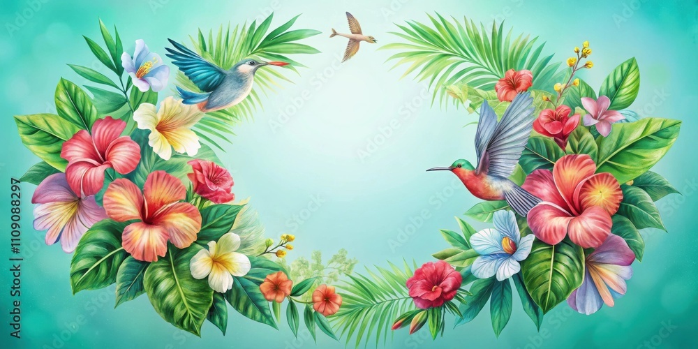 Naklejka premium A vibrant floral arrangement featuring tropical flowers and birds in flight, all depicted in a watercolor style, against a tranquil aqua background.