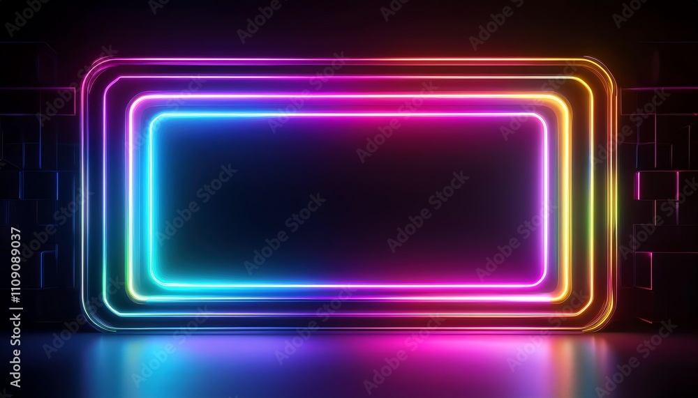 A vibrant, glowing neon frame with colorful lights against a dark background, creating a modern, futuristic ambiance. A vibrant, glowing neon frame with colorful lights against a dark background, creating a modern, futuristic ambiance.