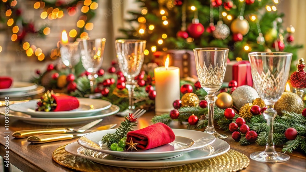 Festive holiday table setting with elegant plates, glasses, and festive decorations, holiday, table, setting Festive holiday table setting with elegant plates, glasses, and festive decorations, holiday, table, setting