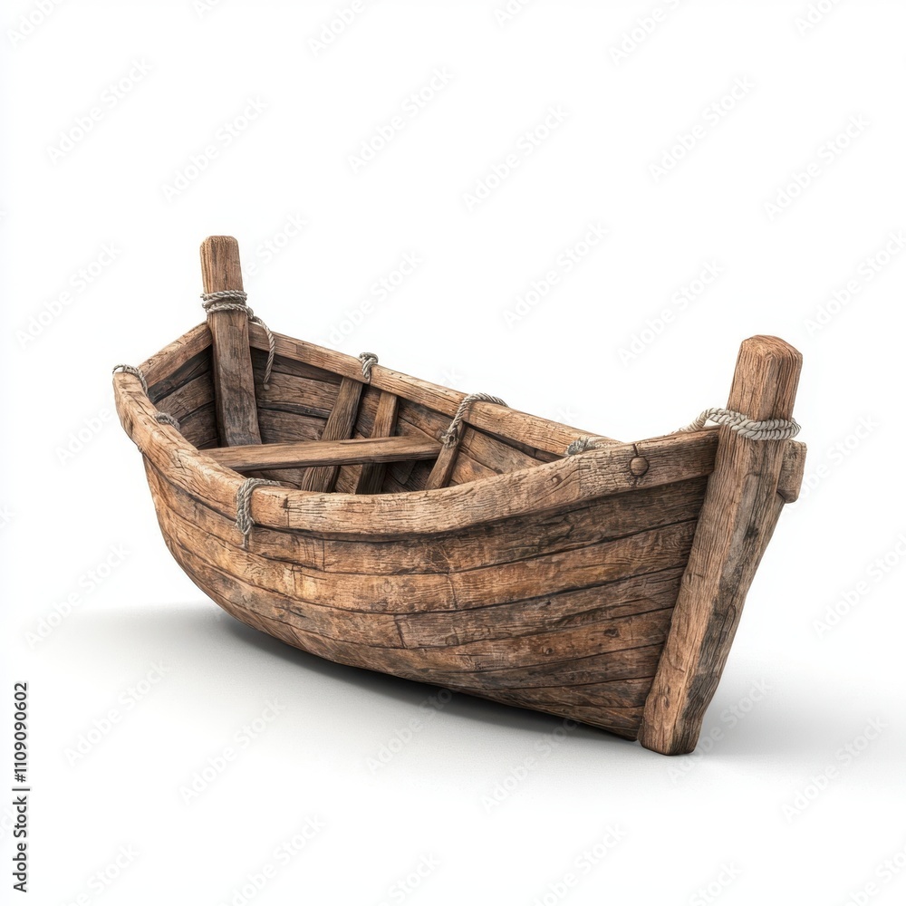 A rustic wooden boat sits isolated on a white background, showcasing its detailed craftsmanship, This image can be used for maritime-themed projects, art designs, or historical content, A rustic wooden boat sits isolated on a white background, showcasing its detailed craftsmanship, This image can be used for maritime-themed projects, art designs, or historical content,