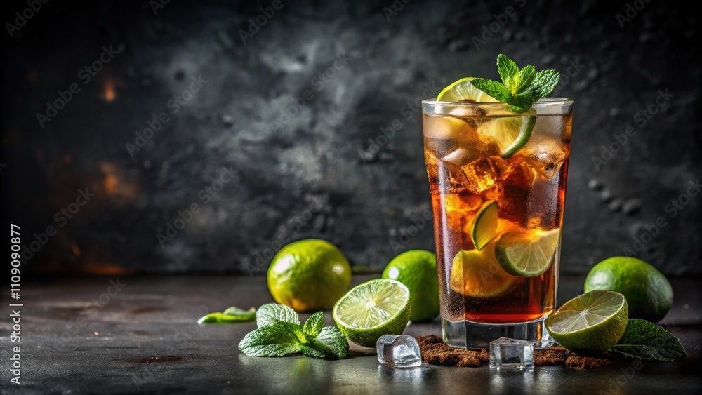 Fototapeta premium Cuba Libre cocktail with strong drinks, cola, lime, and ice in a glass, cold longdrink, cocktail, Cuba Libre, long island iced tea