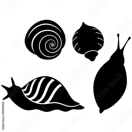 Set of predatory sea snails,snail silhouette vector illustration on white background.