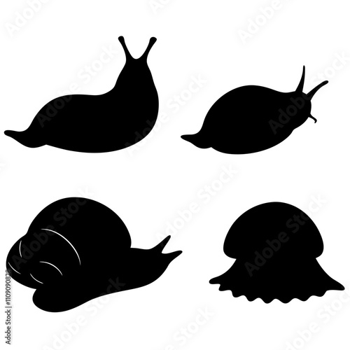 Set of predatory sea snails,snail silhouette vector illustration on white background.