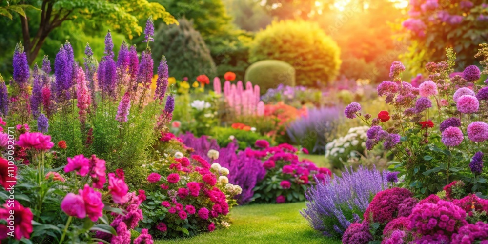 Obraz premium Lush garden with vibrant pink and purple flowers in full bloom