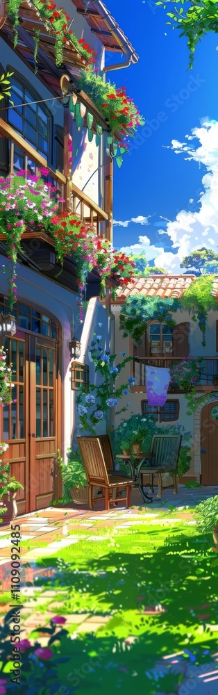 Fototapeta premium A charming two-story house with a lush garden, blooming flowers, and wooden furniture under a clear blue sky, evoking a serene and inviting atmosphere