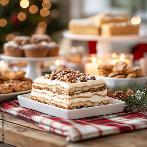 Wallpaper Mural Delicious layered dessert with walnuts, on a festive table with other treats and candles. Torontodigital.ca