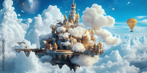 A majestic castle floats among fluffy clouds, a hot air balloon drifts nearby.  Fantasy, dreamlike, whimsical.
