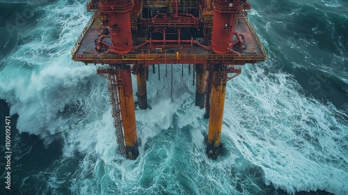 Aerial view of an offshore oil platform surrounded by churning waves, This image can be used in energy industry articles, environmental studies, or maritime safety content, photo