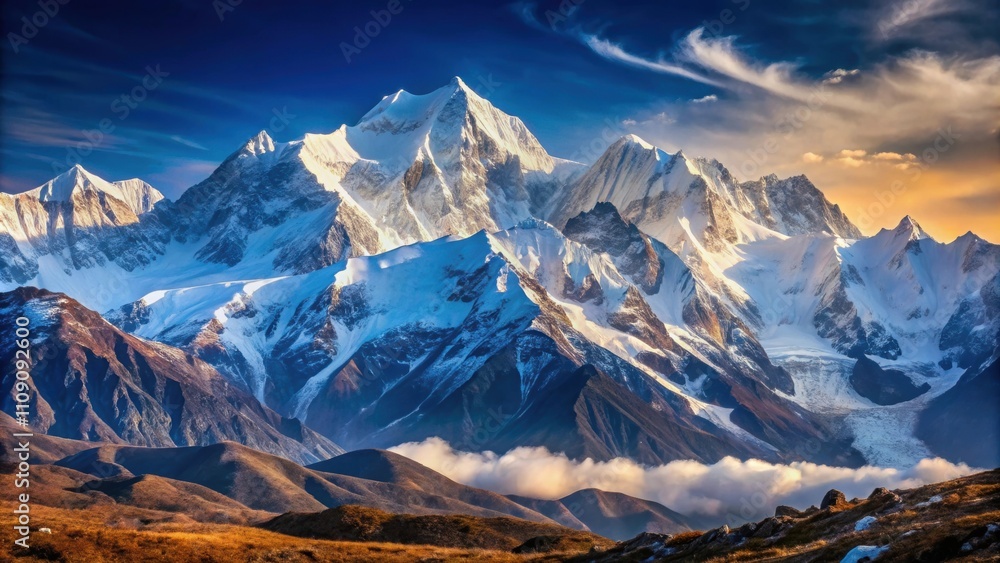 Obraz premium Snow-capped Kangchenjunga mountain landscape in the Himalayas, mountain, peak, snow, Himalayas, landscape, nature