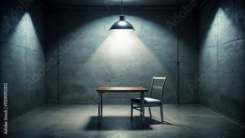 Dark interrogation room with a switched-on lamp, creating a tense atmosphere, interrogation, room, dark, lamp