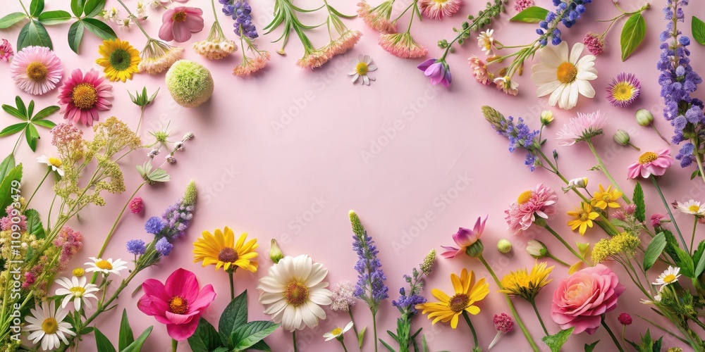Obraz premium A vibrant array of summer flowers, carefully arranged around a delicate pink backdrop, creating a beautiful and natural floral composition.