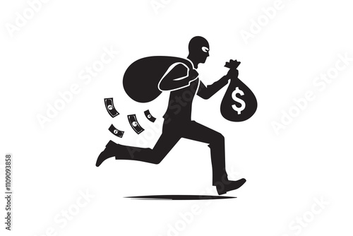 Thief with bag of money silhouette. Black and white thief vector