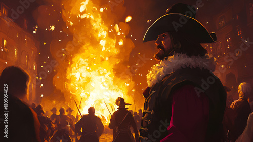 An intense portrayal of a historical festival, featuring a man in period attire witnessing a large bonfire amid a crowd. Captures the essence of celebration. photo