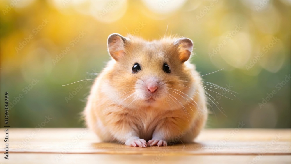 Obraz premium Fluffy golden hamster sitting on edge of table, shallow depth of field, hamster, cute, fluffy, pet, animal, rodent
