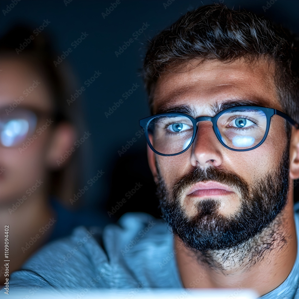 Focused young man immersed in digital work at night Focused young man immersed in digital work at night