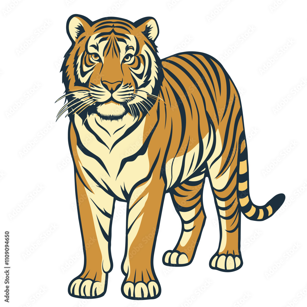 Obraz premium Powerful tiger standing on all fours, showcasing its vibrant orange fur with black stripes, a symbol of strength, courage, and good luck in asian cultures