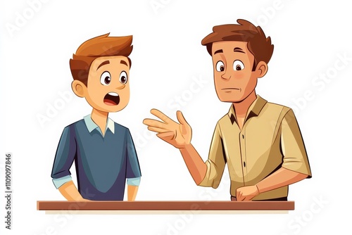 Two Cartoon Men Engaged in Conversation with Expressive Gestures, One Man Appearing Interested While the Other Explains Something with Enthusiasm photo