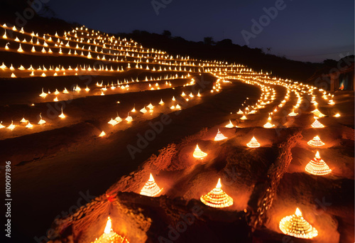 rooftops and pathways lit with diyas under starry sky
 photo