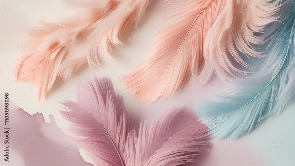 Fototapeta premium Soft, feathery brushstrokes of pale peach, mauve, and powder blue pastel hues dance across a delicate watercolor background, evoking a sense of serenity and gentleness