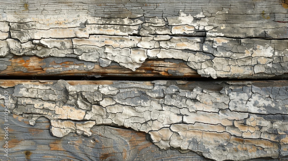 Obraz premium Textured wooden planks with peeling paint highlight a weathered look, suitable for backgrounds, vintage designs, or as a rustic element in various creative projects,