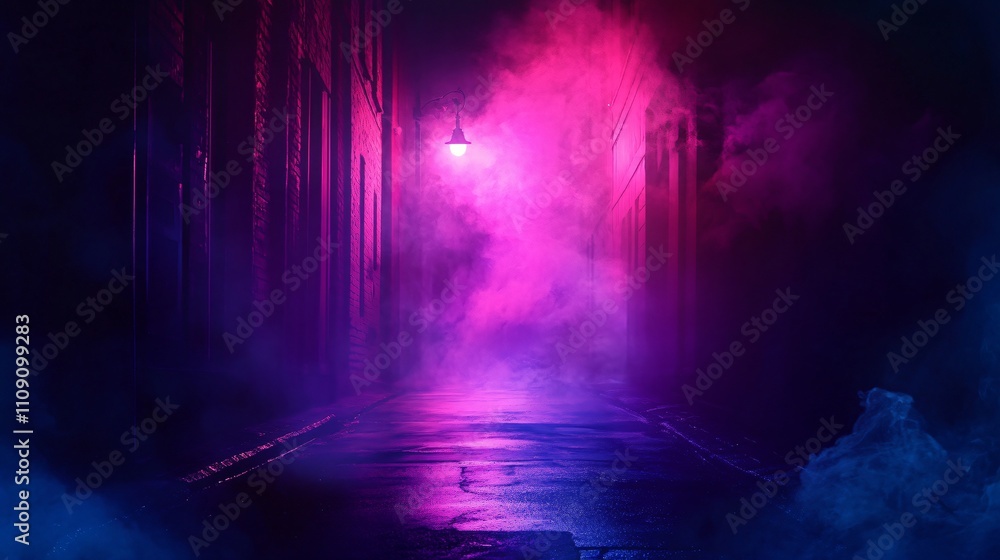 Fototapeta premium Eerie Dark Street Night with Smog, Smoke, and Neon Light
