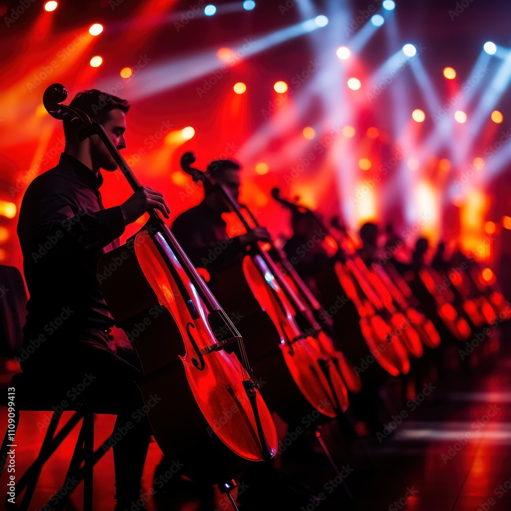 Fototapeta premium A captivating string orchestra performance featuring cellists under dramatic stage lights, creating a vibrant and artistic atmosphere.