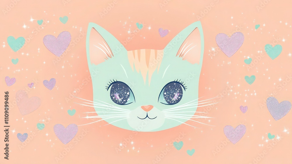 Fototapeta premium Mint green cat face with large sparkling eyes and surrounding pastel hearts provides a whimsical design element for children's branding on peach.