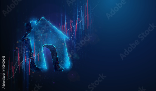 Abstract illustration of low poly house symbol over stock market graph. Geometric background depicting house, residence, real estate market growth financial concept by wireframe mesh