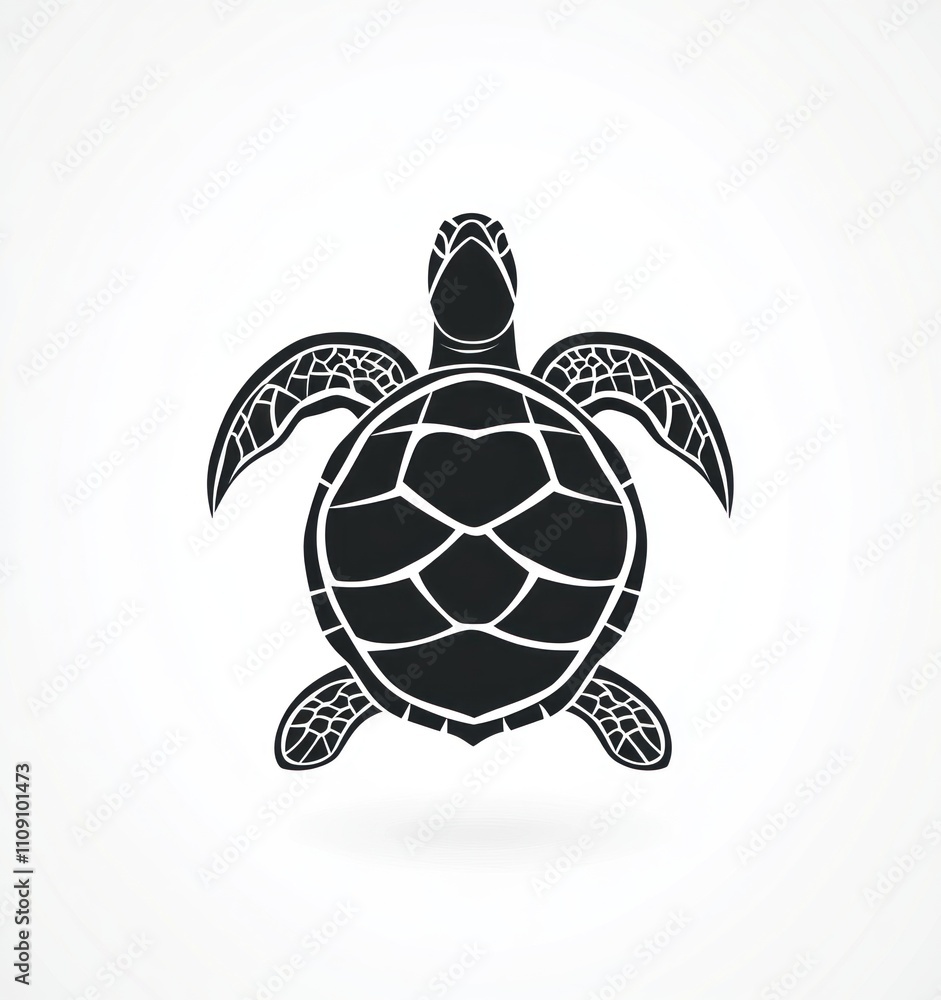 Obraz premium Silhouetted sea turtle, top-down view, detailed shell and flippers, isolated on white background.