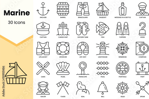 Set of marine icons. Simple line art style icons pack. Vector illustration