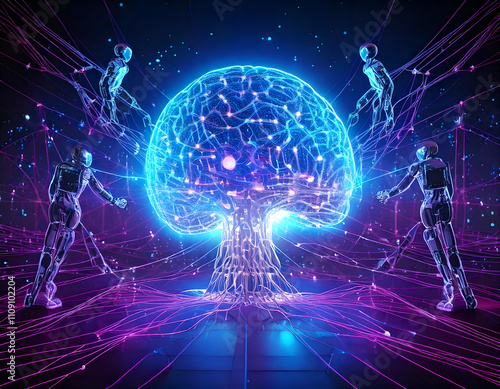 Futuristic Robots Interacting with AI Brain in Digital Network