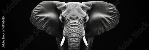 Monochrome image showcasing elephant adorned with tusks on ears. photo